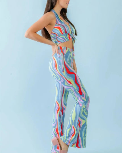 Multicolor Abstract Print Halter V-neck Ruched Open Back Crop Top & High Waist Pants Set - ShopEasier