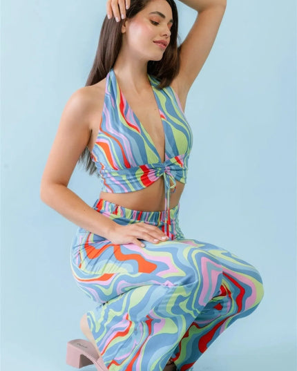 Multicolor Abstract Print Halter V-neck Ruched Open Back Crop Top & High Waist Pants Set - ShopEasier