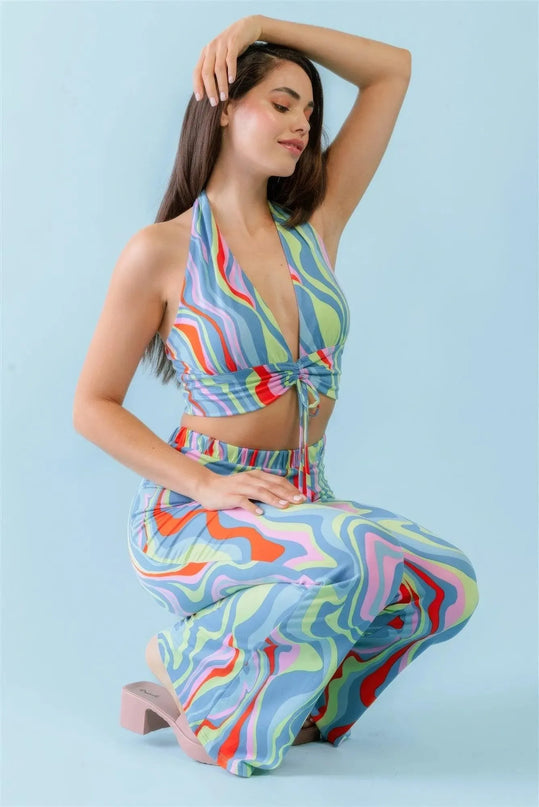 Multicolor Abstract Print Halter V-neck Ruched Open Back Crop Top & High Waist Pants Set - ShopEasier