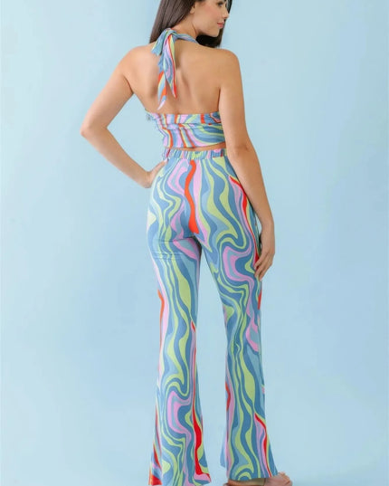 Multicolor Abstract Print Halter V-neck Ruched Open Back Crop Top & High Waist Pants Set - ShopEasier