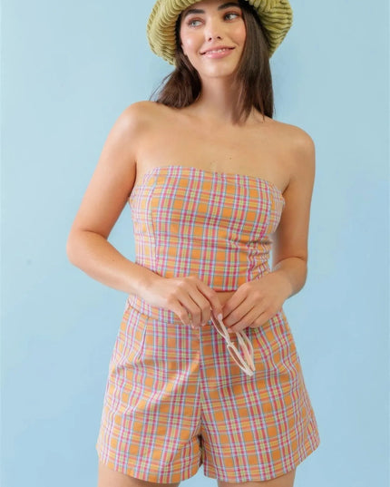 Orange & Aqua Plaid Print Cotton Strapless Crop Top & High Waist Two Pocket Shorts Set - ShopEasier