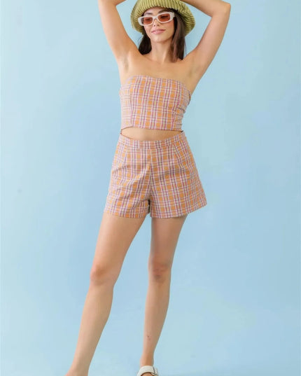 Orange & Aqua Plaid Print Cotton Strapless Crop Top & High Waist Two Pocket Shorts Set - ShopEasier