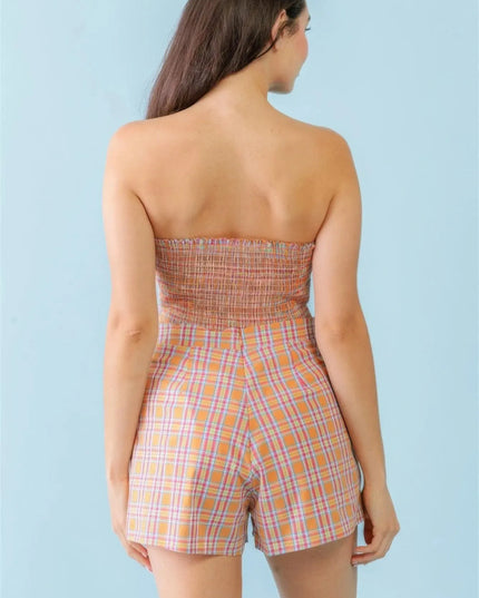 Orange & Aqua Plaid Print Cotton Strapless Crop Top & High Waist Two Pocket Shorts Set - ShopEasier