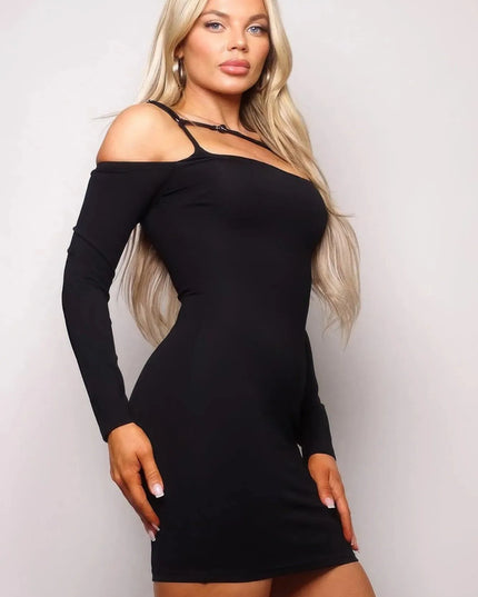 Long Sleeve Cuff Front Strap Mini Dress - ShopEasier