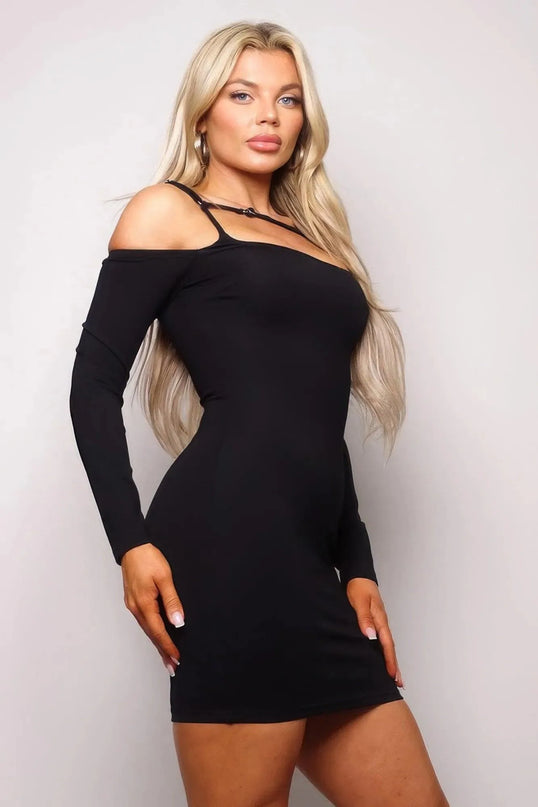 Long Sleeve Cuff Front Strap Mini Dress - ShopEasier