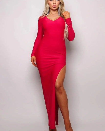 Long Sleeve V Neck Open Back Maxi Dress - ShopEasier