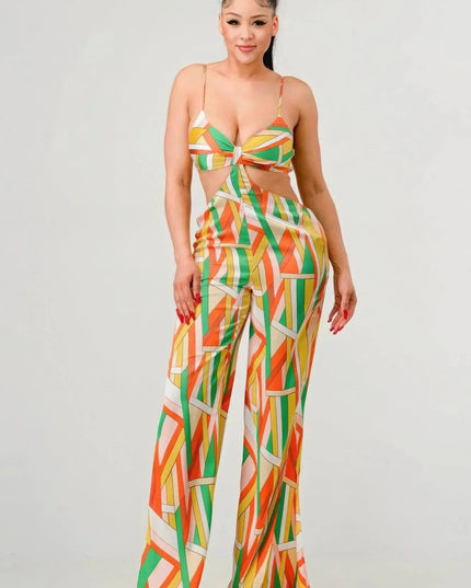 Luxe geo print satin bra top and palazzo jumpsuit - ShopEasier