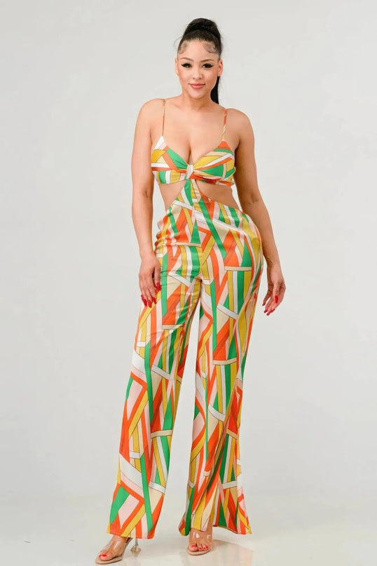 Luxe geo print satin bra top and palazzo jumpsuit - ShopEasier