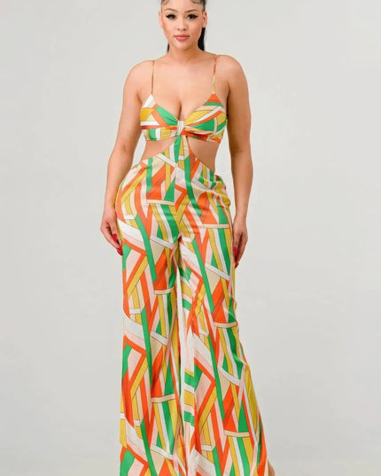 Luxe geo print satin bra top and palazzo jumpsuit - ShopEasier