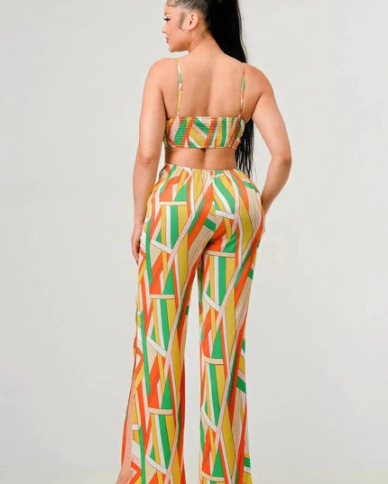 Luxe geo print satin bra top and palazzo jumpsuit - ShopEasier