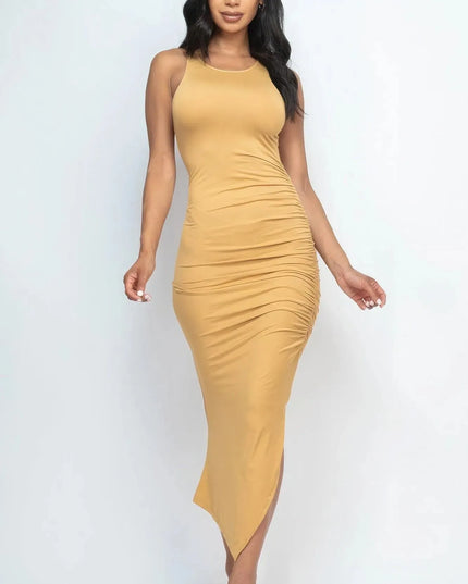 Sleeveless Ruched Side Split Maxi Dress - ShopEasier