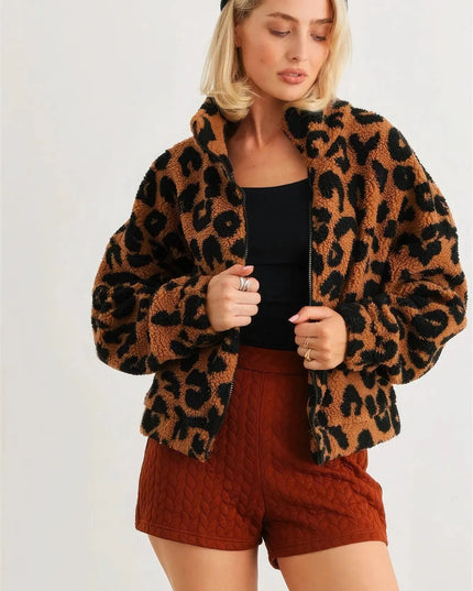 Leopard Teddy Zip-up Two Pocket Jacket - ShopEasier