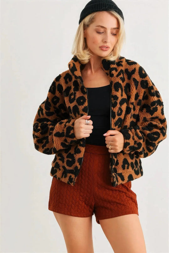 Leopard Teddy Zip-up Two Pocket Jacket - ShopEasier