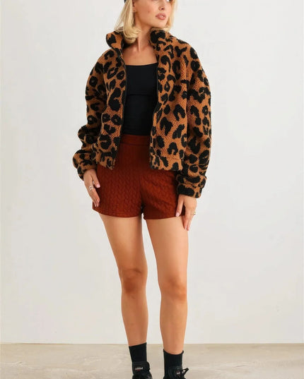 Leopard Teddy Zip-up Two Pocket Jacket - ShopEasier