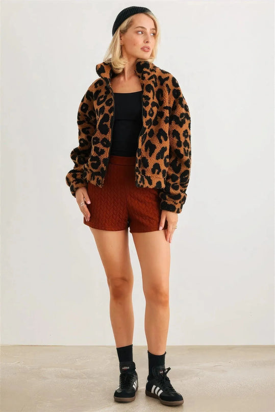 Leopard Teddy Zip-up Two Pocket Jacket - ShopEasier