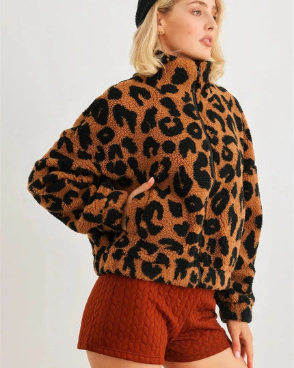 Leopard Teddy Zip-up Two Pocket Jacket - ShopEasier