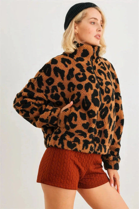 Leopard Teddy Zip-up Two Pocket Jacket - ShopEasier