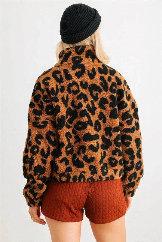 Leopard Teddy Zip-up Two Pocket Jacket - ShopEasier