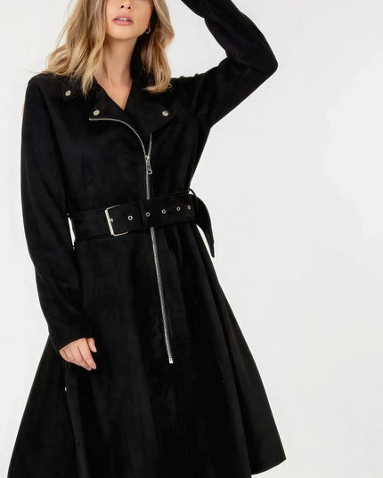 Waist Belt Tacked Faux Suede Coat Solid Coat - ShopEasier