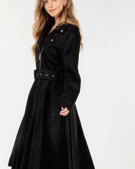 Waist Belt Tacked Faux Suede Coat Solid Coat - ShopEasier