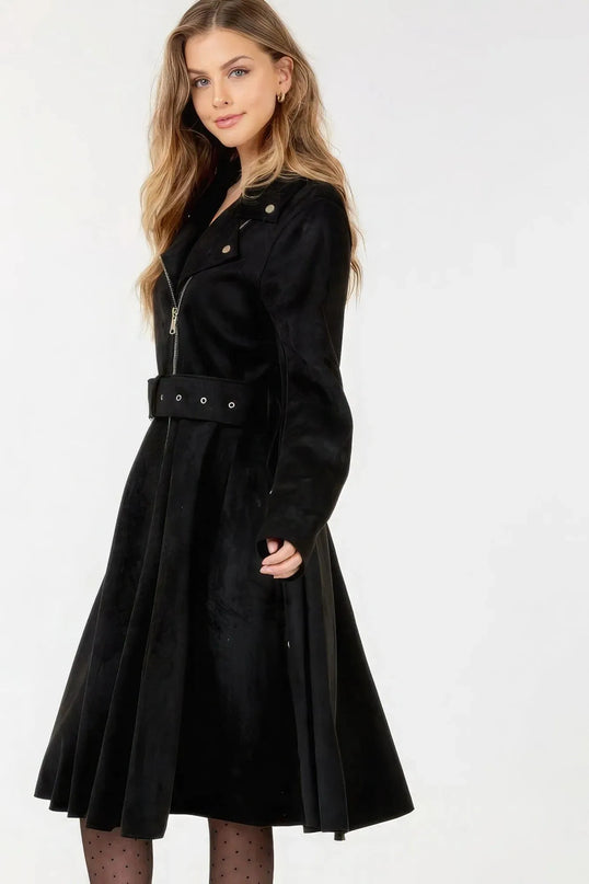 Waist Belt Tacked Faux Suede Coat Solid Coat - ShopEasier