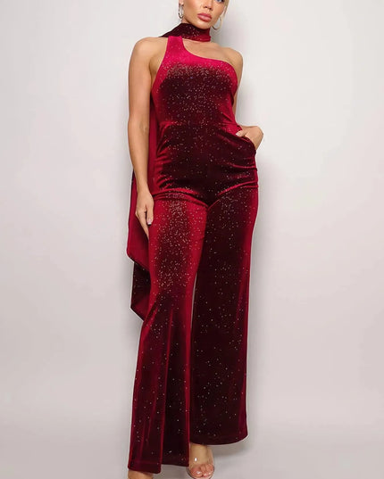 Scarf Top Glitter Velvet Jumpsuit - ShopEasier