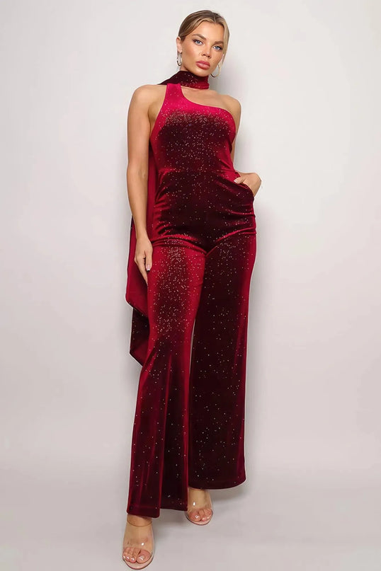 Scarf Top Glitter Velvet Jumpsuit - ShopEasier