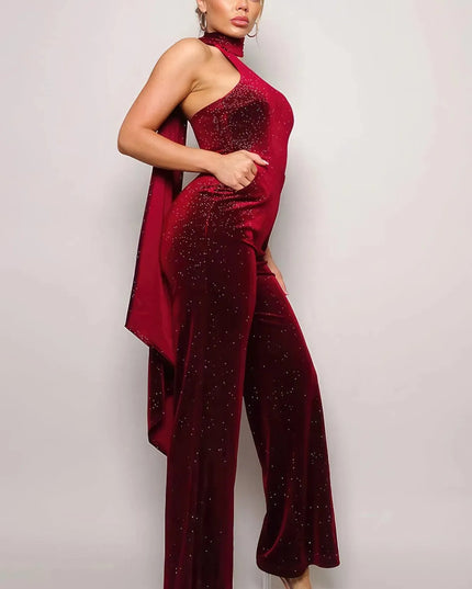 Scarf Top Glitter Velvet Jumpsuit - ShopEasier