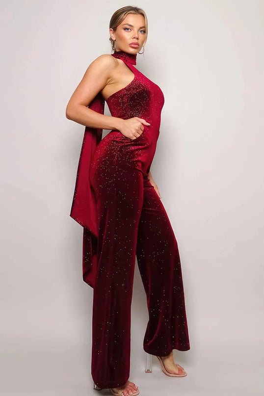 Scarf Top Glitter Velvet Jumpsuit - ShopEasier