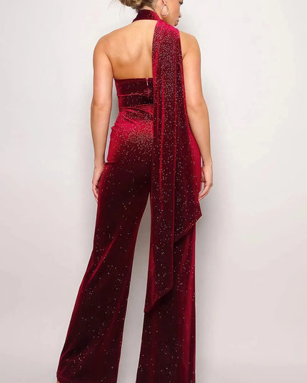 Scarf Top Glitter Velvet Jumpsuit - ShopEasier