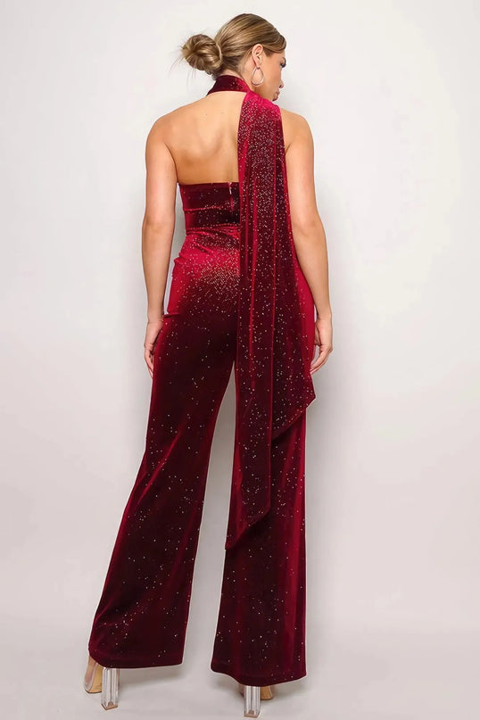 Scarf Top Glitter Velvet Jumpsuit - ShopEasier