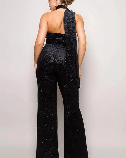 Scarf Top Glitter Velvet Jumpsuit - ShopEasier