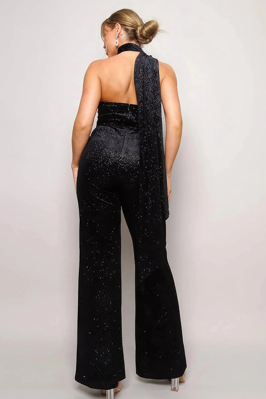 Scarf Top Glitter Velvet Jumpsuit - ShopEasier