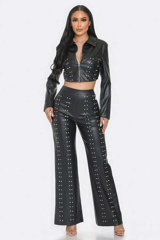 Faux Leather Set With Rhinestone Detail - ShopEasier