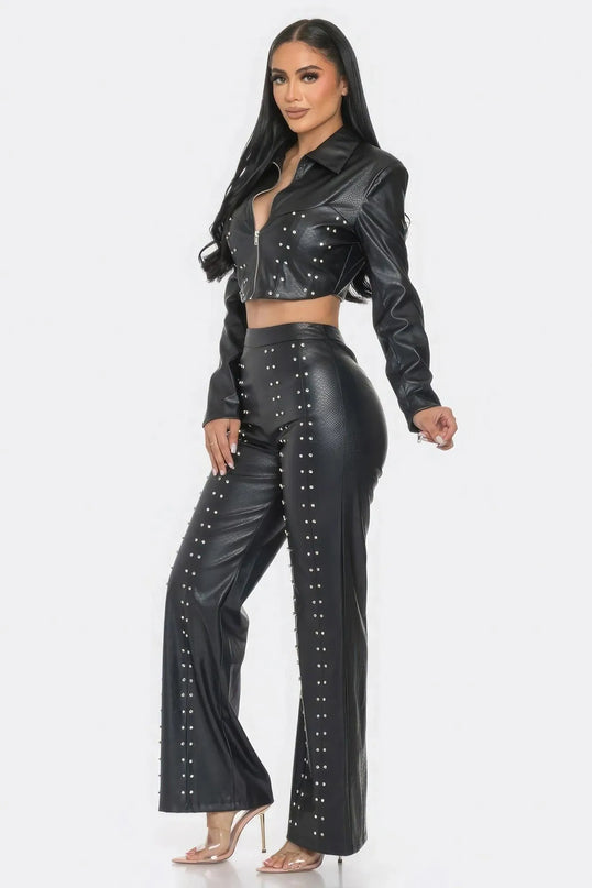 Faux Leather Set With Rhinestone Detail - ShopEasier