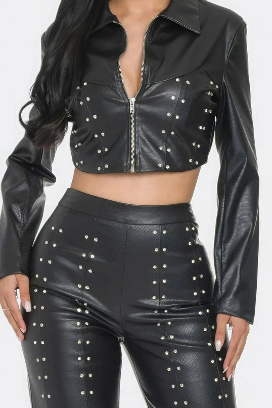 Faux Leather Set With Rhinestone Detail - ShopEasier