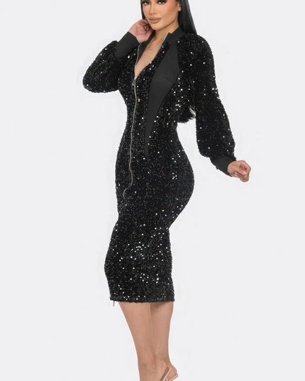 Midi 2 Way Zip Up Sequin Contrast Dress - ShopEasier