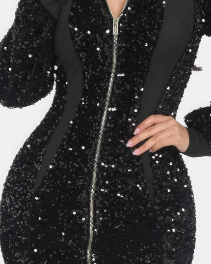 Midi 2 Way Zip Up Sequin Contrast Dress - ShopEasier