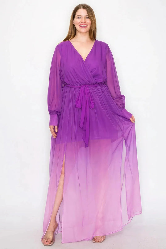 Ombre Chiffon Wrap Front Long Sleeve Tie Waist Slit Front Maxi Dress