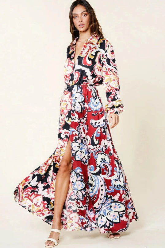 Color Block Printed V Neck Dress - ShopEasier