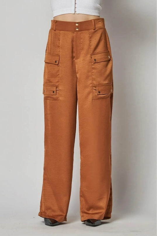 Satin Cargo Pocket Wide Leg Pants - ShopEasier