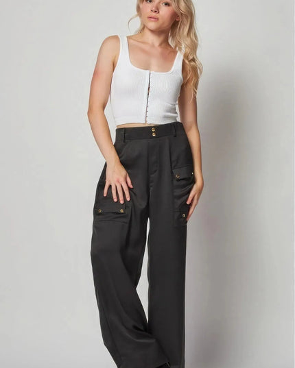 Satin Cargo Pocket Wide Leg Pants - ShopEasier