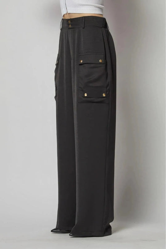 Satin Cargo Pocket Wide Leg Pants - ShopEasier