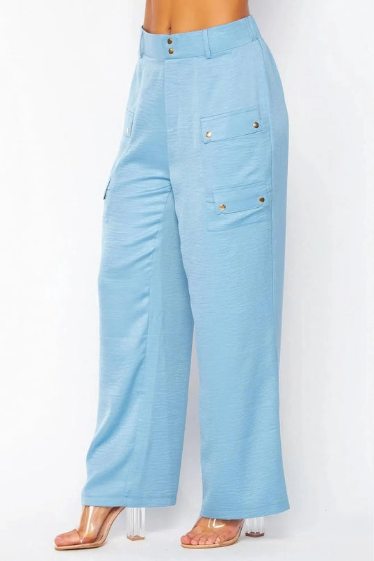 Satin Cargo Pocket Wide Leg Pants - ShopEasier