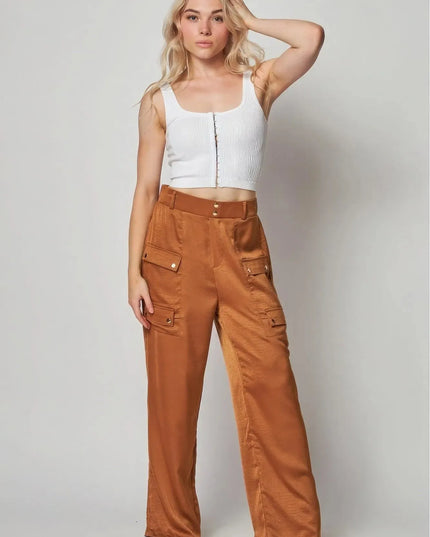 Satin Cargo Pocket Wide Leg Pants - ShopEasier