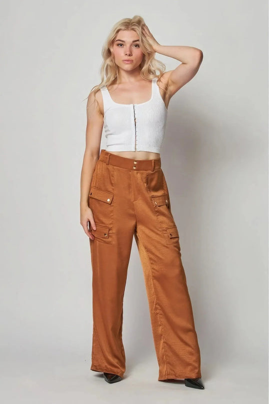 Satin Cargo Pocket Wide Leg Pants - ShopEasier