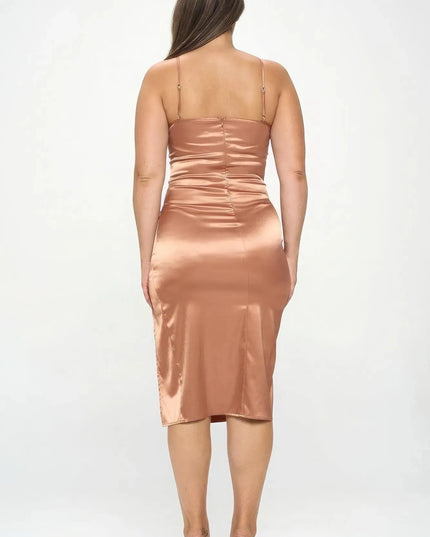 Plus Solid Satin Front Knot Bodycon Midi Dress