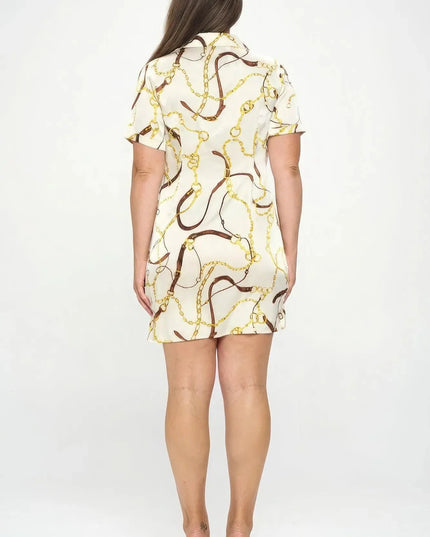 Plus Chain Belt Print Short Sleeve Wrap Tie Dress