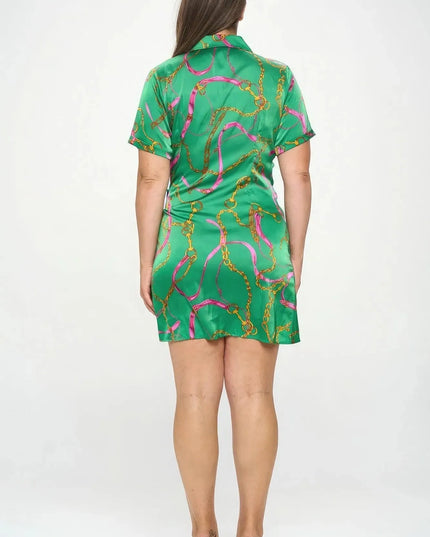 Plus Chain Belt Print Short Sleeve Wrap Tie Dress