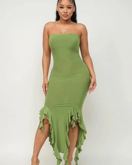 Solid Bottom Ruffle Trim Hem Slit Tube Maxi Dress - ShopEasier